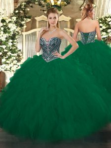 Sleeveless Tulle Floor Length Lace Up Vestidos de Quinceanera in Dark Green with Beading and Ruffles