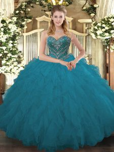 New Arrival Teal Sweetheart Lace Up Beading and Ruffled Layers Ball Gown Prom Dress Sleeveless