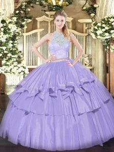 Free and Easy Lavender Sleeveless Floor Length Lace and Ruffled Layers Zipper Sweet 16 Quinceanera Dress