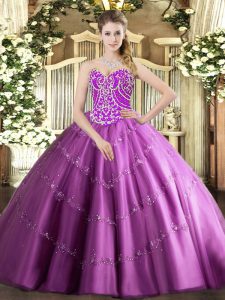 Fashion Sweetheart Sleeveless 15 Quinceanera Dress Floor Length Beading and Appliques Lilac Tulle
