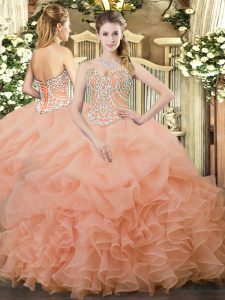 Customized Sleeveless Floor Length Beading and Ruffles and Pick Ups Lace Up Sweet 16 Dresses with Peach