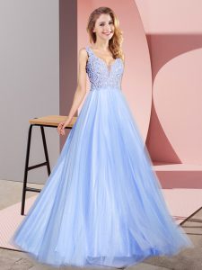 Chic Floor Length Light Blue Prom Evening Gown V-neck Sleeveless Zipper