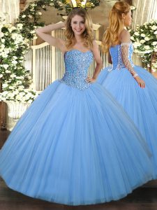 Top Selling Aqua Blue Tulle Lace Up Quinceanera Gown Sleeveless Floor Length Beading