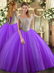 Sweet Ball Gowns Sweet 16 Quinceanera Dress Lavender Off The Shoulder Tulle Sleeveless Floor Length Lace Up