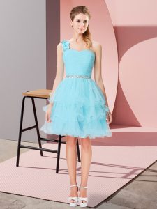 Vintage One Shoulder Sleeveless Prom Dresses Mini Length Beading and Ruffled Layers Aqua Blue Organza