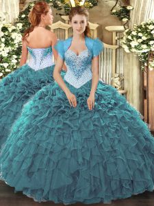 Glorious Teal Ball Gowns Sweetheart Sleeveless Organza Floor Length Lace Up Beading and Ruffles Quinceanera Gown