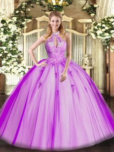 Luxury Fuchsia Sleeveless Lace and Appliques Floor Length Quinceanera Dress
