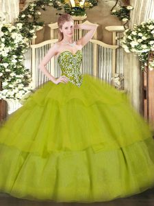 Artistic Sweetheart Sleeveless Lace Up Quinceanera Gowns Olive Green Tulle