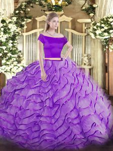 Beauteous Lavender Zipper Quinceanera Gowns Appliques and Ruffles Short Sleeves Brush Train