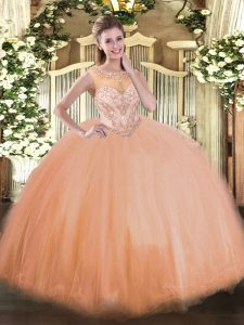 Best Sleeveless Floor Length Beading Lace Up Quinceanera Dress with Peach