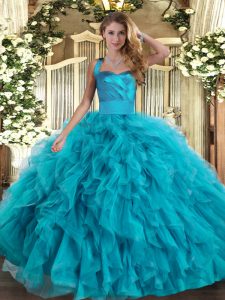 New Style Halter Top Sleeveless Lace Up Vestidos de Quinceanera Teal Tulle