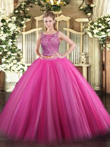 Free and Easy Two Pieces Quinceanera Gown Hot Pink Scoop Tulle Sleeveless Floor Length Lace Up