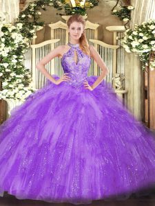 Lavender Sleeveless Organza Lace Up Sweet 16 Quinceanera Dress for Military Ball and Sweet 16 and Quinceanera