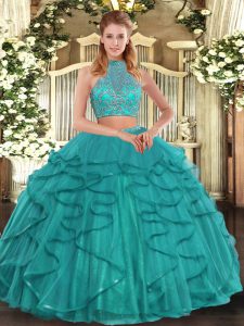 Noble Turquoise Two Pieces Tulle Halter Top Sleeveless Beading and Ruffled Layers Floor Length Criss Cross Sweet 16 Dres