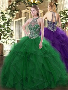 Floor Length Lace Up 15 Quinceanera Dress Green for Sweet 16 and Quinceanera with Beading and Ruffles