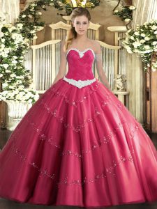 Hot Pink Sleeveless Appliques Floor Length 15 Quinceanera Dress
