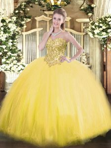 Discount Tulle Sweetheart Sleeveless Lace Up Appliques Quinceanera Dress in Gold