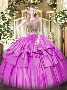 Trendy Lilac Two Pieces Organza and Taffeta Scoop Sleeveless Beading and Ruffled Layers Floor Length Lace Up Quinceanera
