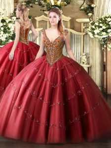 Graceful Red Ball Gowns Tulle V-neck Sleeveless Beading and Appliques Floor Length Lace Up 15th Birthday Dress