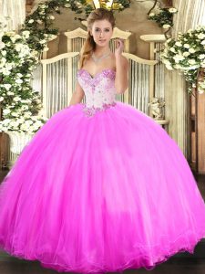 Rose Pink Ball Gowns Beading Quince Ball Gowns Lace Up Tulle Sleeveless Floor Length