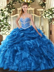 Beautiful Ball Gowns Quince Ball Gowns Blue Sweetheart Organza Sleeveless Floor Length Lace Up