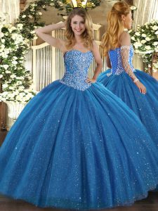 Blue Ball Gowns Tulle Sweetheart Sleeveless Beading Floor Length Lace Up Quince Ball Gowns