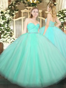 Nice Apple Green Ball Gowns Sweetheart Sleeveless Tulle Floor Length Zipper Beading and Lace 15 Quinceanera Dress