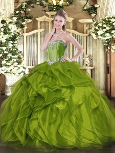 Sleeveless Organza Floor Length Lace Up Quinceanera Gowns in Olive Green with Beading and Ruffles