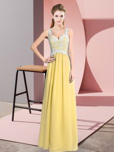 Exceptional Yellow Zipper V-neck Lace Prom Party Dress Chiffon Sleeveless