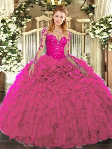Fabulous Floor Length Fuchsia Sweet 16 Dresses Scoop Long Sleeves Lace Up