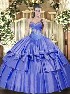 Organza and Taffeta Sweetheart Sleeveless Lace Up Beading and Ruffled Layers Quince Ball Gowns in Blue