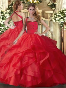 Dazzling Sleeveless Floor Length Ruffles Lace Up Sweet 16 Dresses with Red