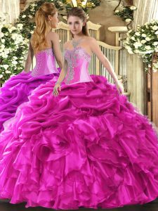 Sweet Sweetheart Sleeveless Ball Gown Prom Dress Floor Length Beading and Ruffles and Pick Ups Hot Pink Organza