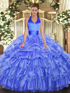 Wonderful Halter Top Sleeveless Organza 15 Quinceanera Dress Ruffled Layers and Pick Ups Lace Up