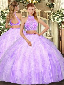Floor Length Two Pieces Sleeveless Lilac Quinceanera Gowns Criss Cross