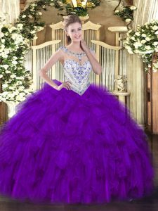 Edgy Purple Sleeveless Floor Length Beading and Ruffles Zipper Sweet 16 Dresses