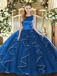New Style Blue Ball Gowns Scoop Sleeveless Tulle Floor Length Lace Up Ruffles Sweet 16 Dress