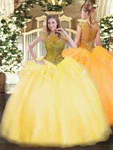 Shining Gold Zipper 15 Quinceanera Dress Beading and Appliques Cap Sleeves Floor Length