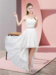 White Lace Up Prom Dress Beading Sleeveless High Low