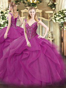Colorful Floor Length Lace Up Sweet 16 Dresses Lilac for Military Ball and Sweet 16 and Quinceanera with Beading and Ruf