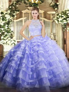 Pretty Sleeveless Floor Length Lace and Ruffled Layers Zipper Ball Gown Prom Dress with Lavender