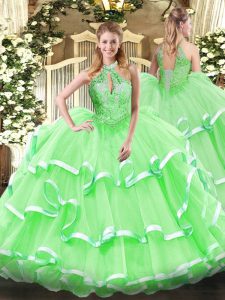 Luxurious Floor Length Lace Up 15 Quinceanera Dress for Military Ball and Sweet 16 and Quinceanera with Beading and Ruff