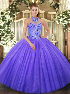 Flirting Halter Top Sleeveless Lace Up Quinceanera Gowns Purple Tulle