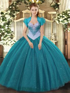 Sleeveless Tulle Floor Length Lace Up Sweet 16 Dress in Teal with Beading and Sequins
