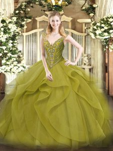 Beautiful Olive Green Ball Gowns Tulle V-neck Sleeveless Beading and Ruffles Floor Length Lace Up 15 Quinceanera Dress