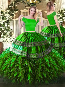 Top Selling Green Zipper Off The Shoulder Embroidery and Ruffles 15 Quinceanera Dress Organza and Taffeta Short Sleeves
