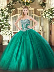 Tulle Strapless Sleeveless Lace Up Beading Quinceanera Dress in Turquoise