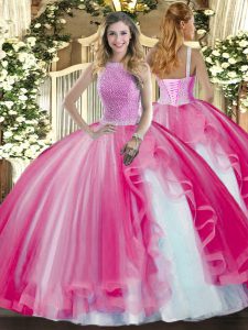 High-neck Sleeveless Tulle Quinceanera Gown Beading and Ruffles Lace Up