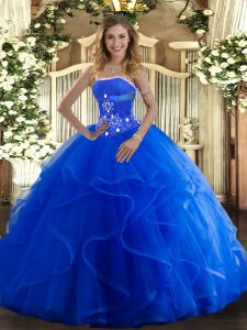 Adorable Floor Length Lace Up Quinceanera Gown Blue for Military Ball and Sweet 16 and Quinceanera with Beading and Ruff