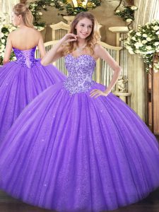 Lavender Tulle and Sequined Lace Up Ball Gown Prom Dress Sleeveless Floor Length Appliques